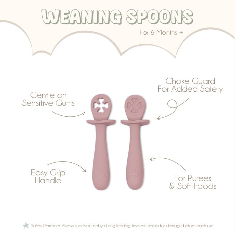 Baby,Table,Setting,Background.,Silicone,Set,On,Light,Background.,Place Pink Silicone Baby self feeding spoons